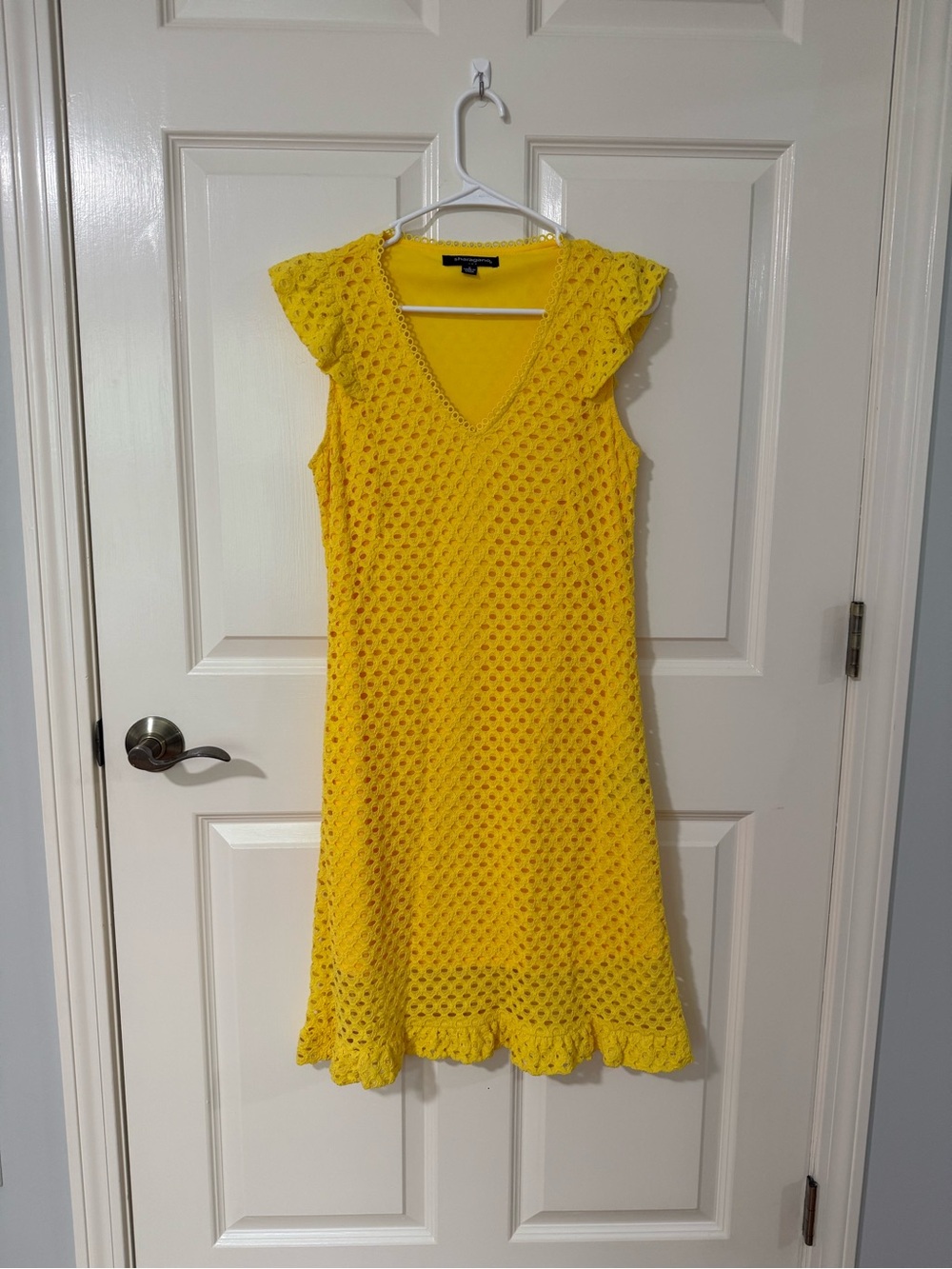 WORN ONCE: Sharagano Yellow Crochet V-Neck Midi Dress